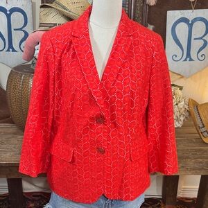 Talbots Vibrant Red Eyelet Peacock Feather Textured Blazer